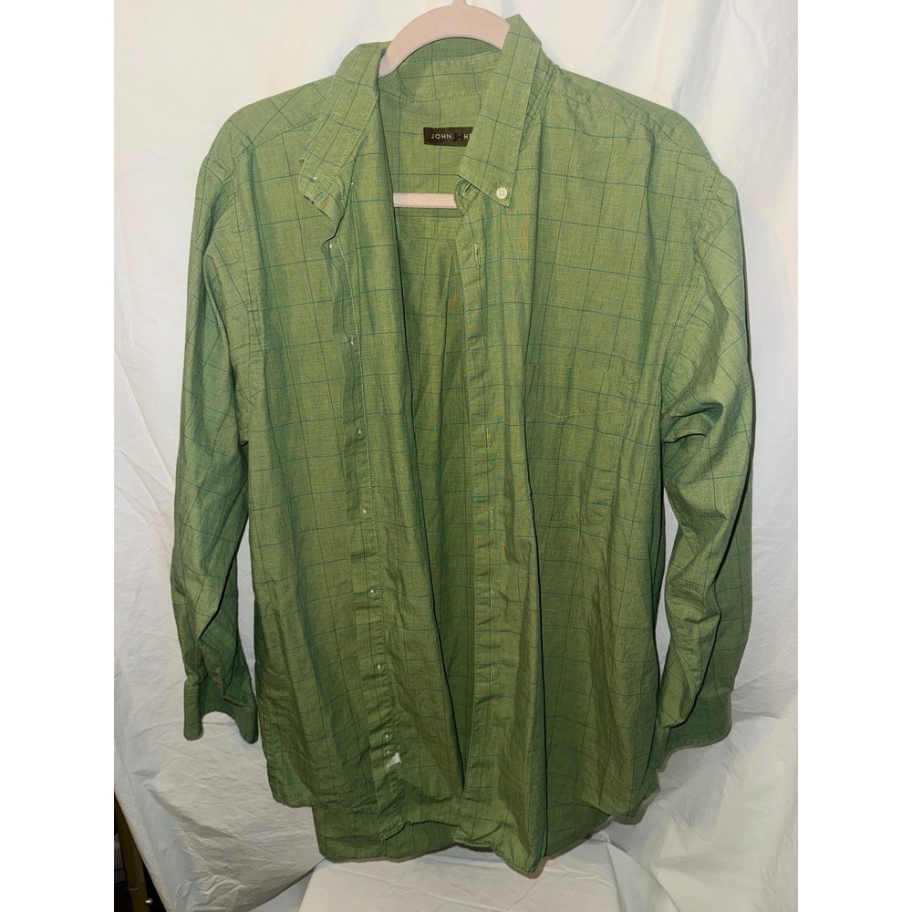 John Henry Mens Green‎ Windowpane Check Button Down Shirt 100% Cotton Large L